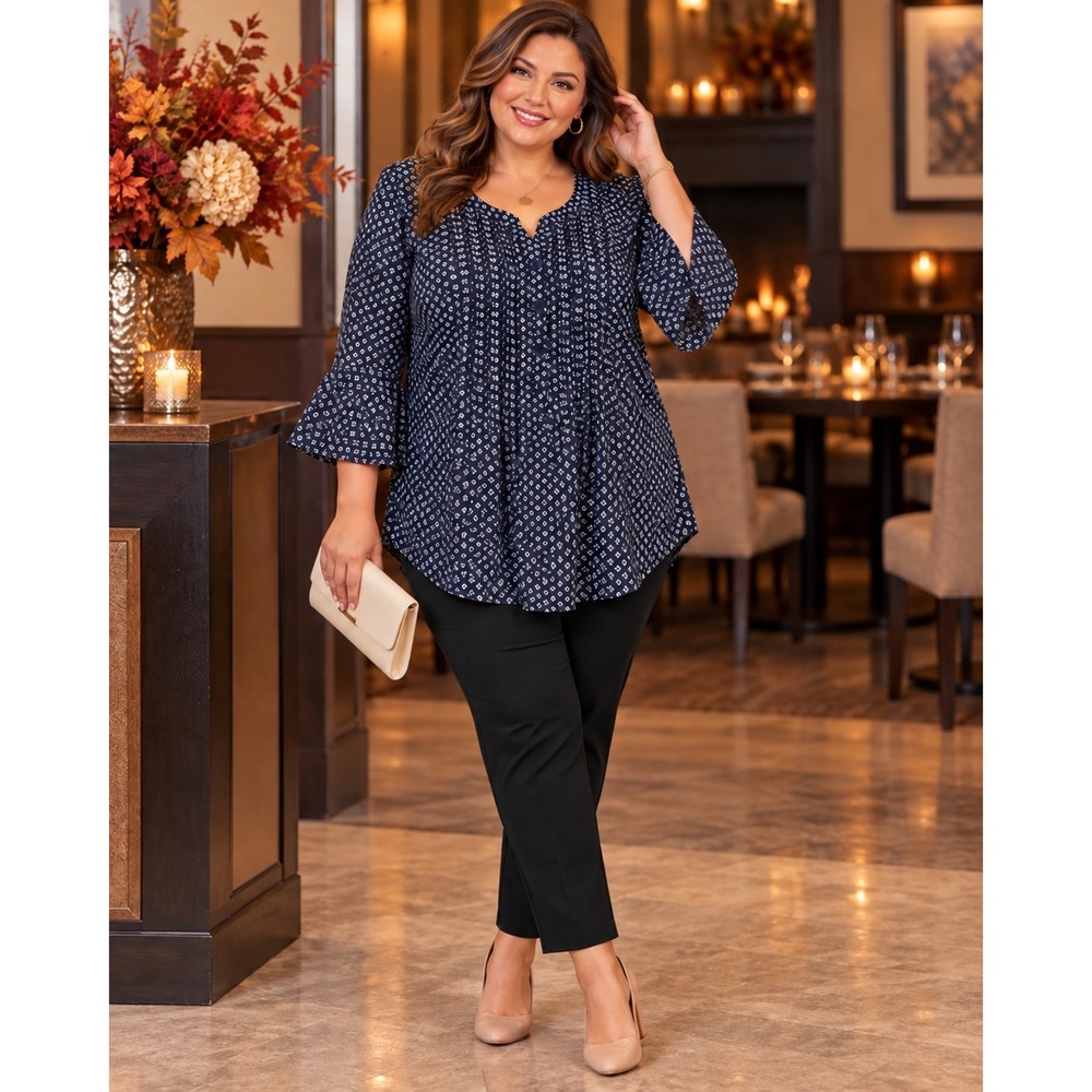 Catherines 0X 14/16W Navy White Pintuck Tunic Blouse Bell Sleeve Boho
